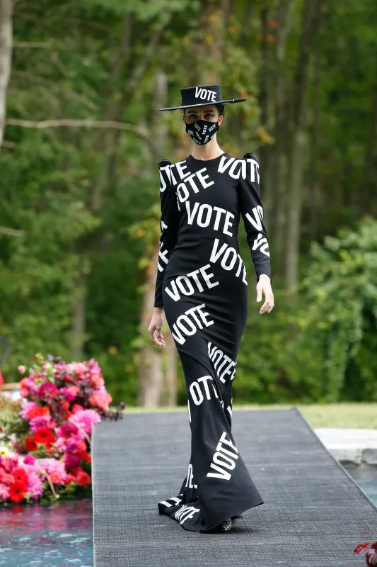 Vote Print Puff Sleeve Gown sold by Christian Siriano