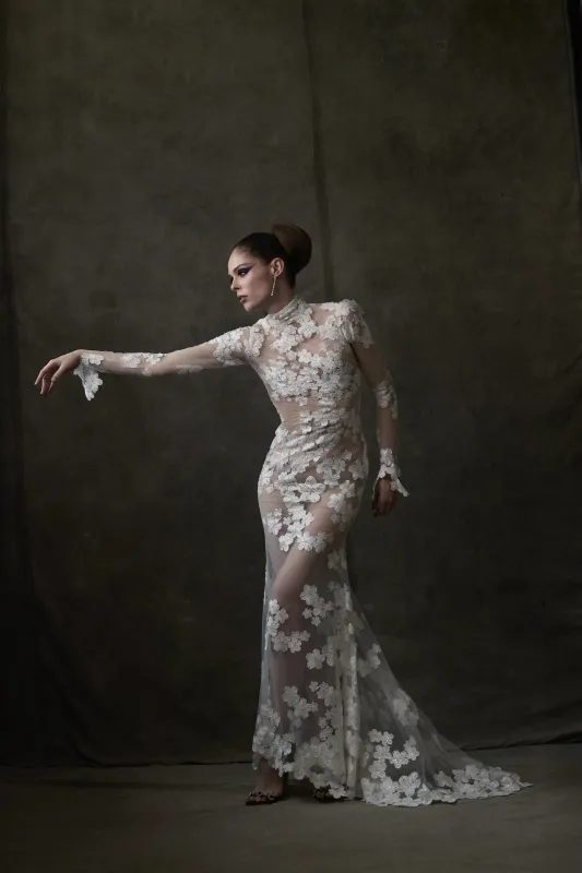 White Floral Appliqué Long Sleeve Gown made by Christian Siriano