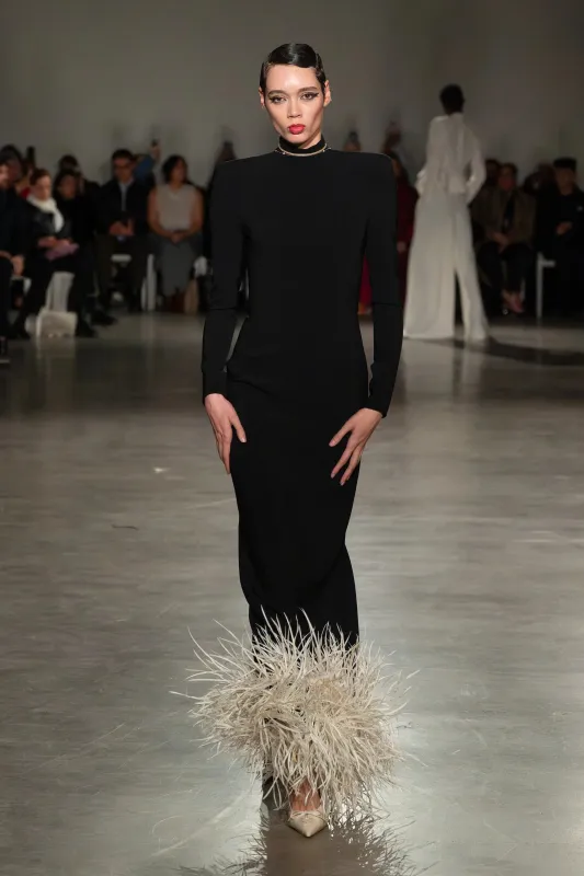 Black Long Sleeve Gown with Feathered Hem made by Christian Siriano