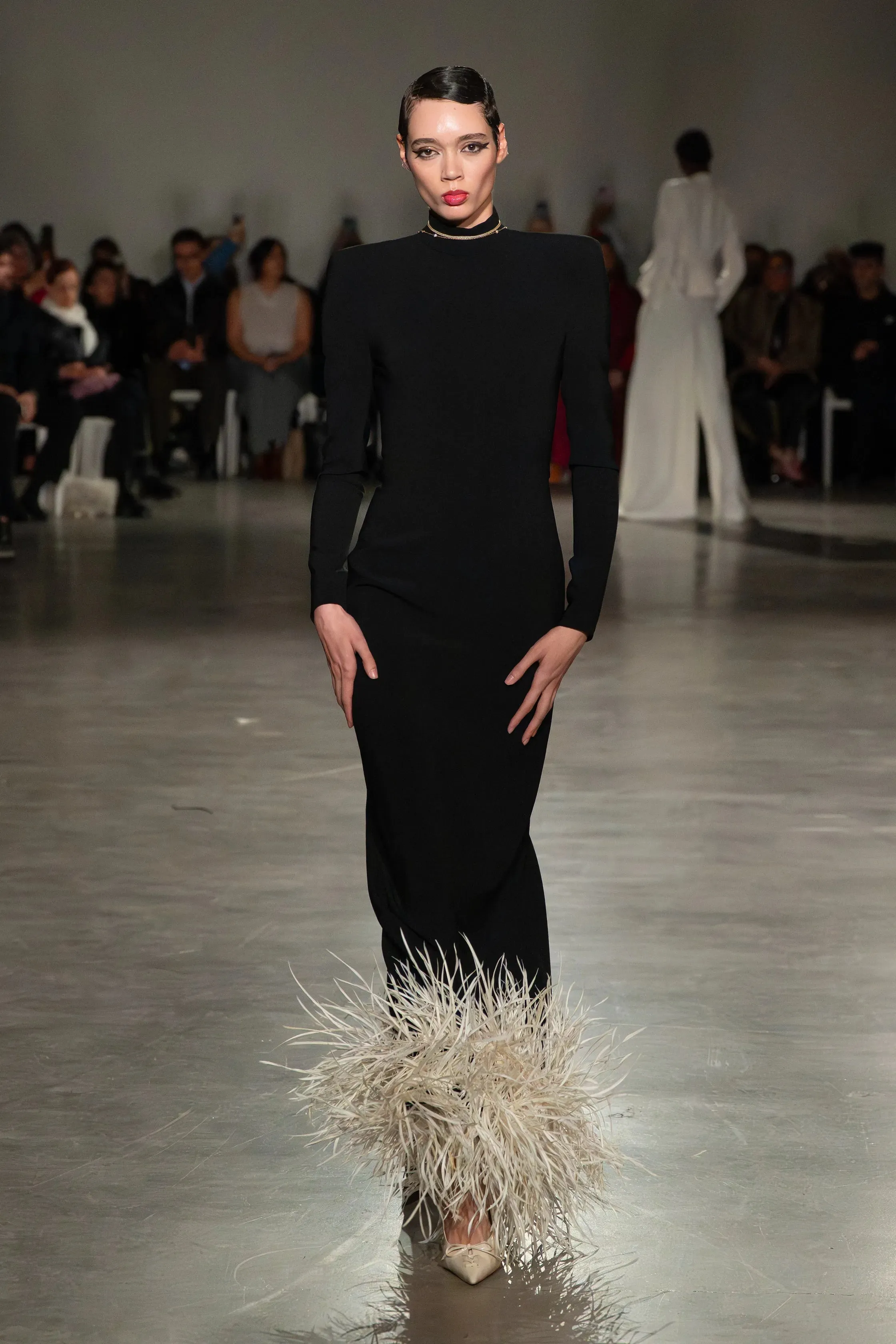 Black Long Sleeve Gown with Feathered Hem sold by Christian Siriano