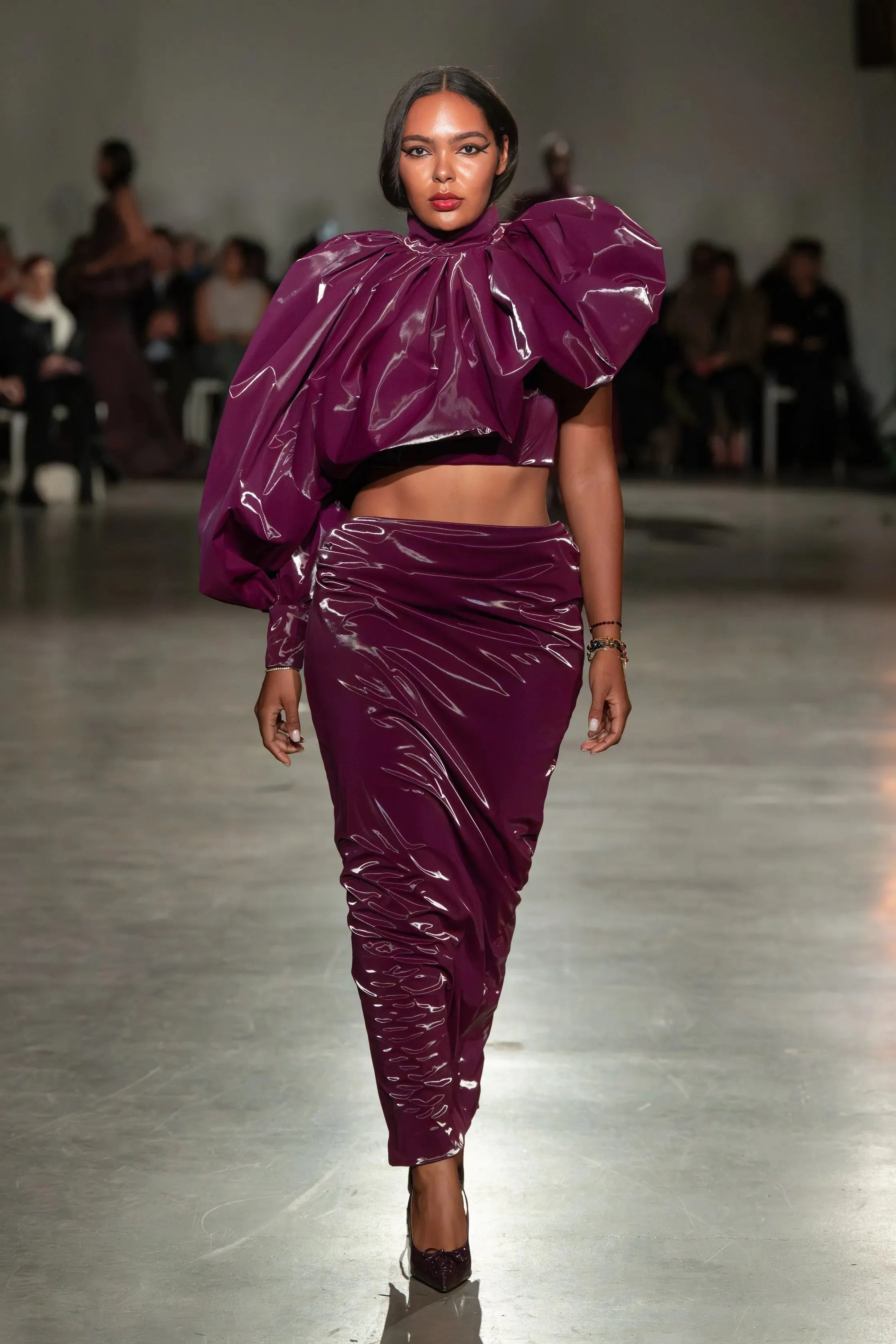 Patent Plum Draped Skirt sold by Christian Siriano