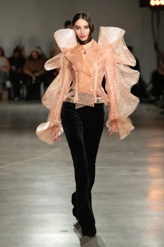 Blush Crystal Mesh Ruffle Sleeve Blazer made by Christian Siriano