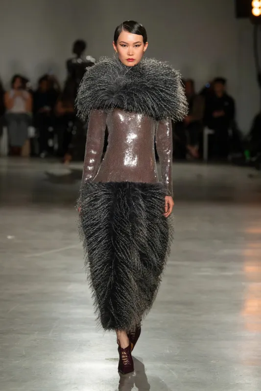 Long Sleeve Sequin & Feathered Dress with Collar made by Christian Siriano