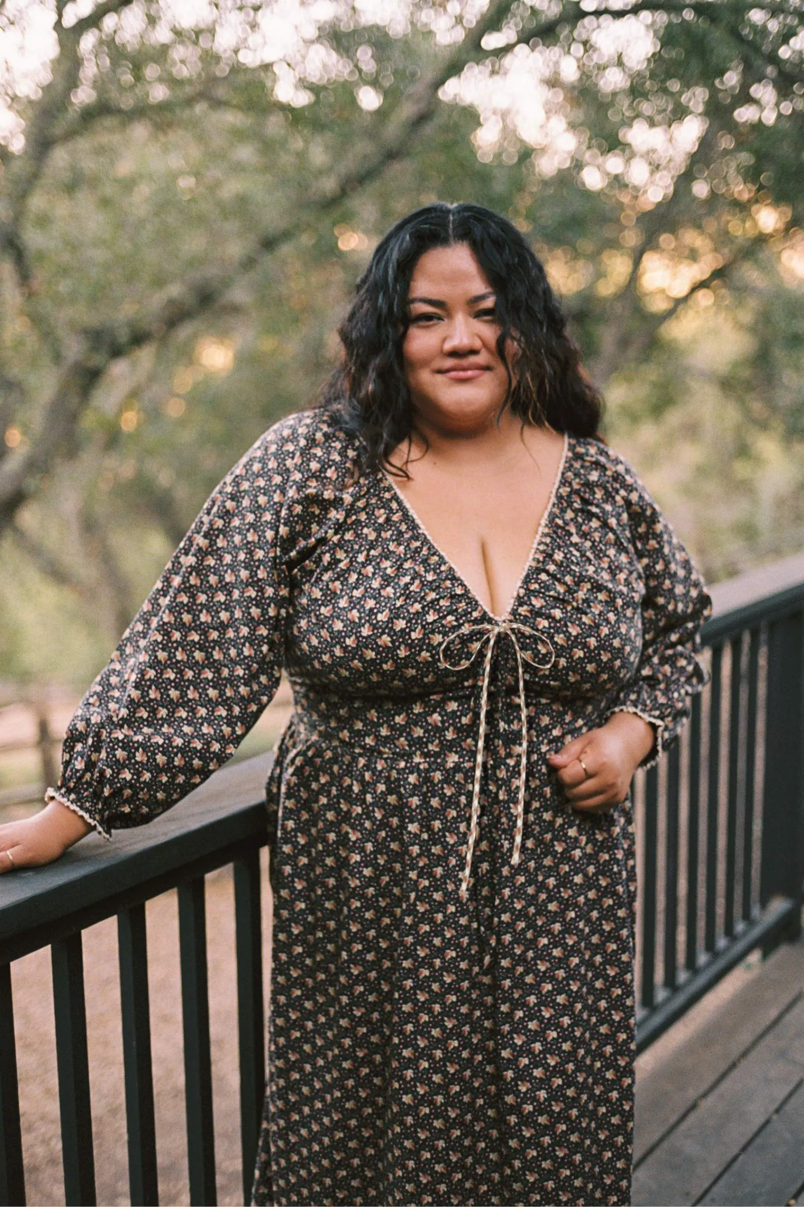 The Venus Dress Extended | Carob Ditsy Leaf sold by Christy Dawn