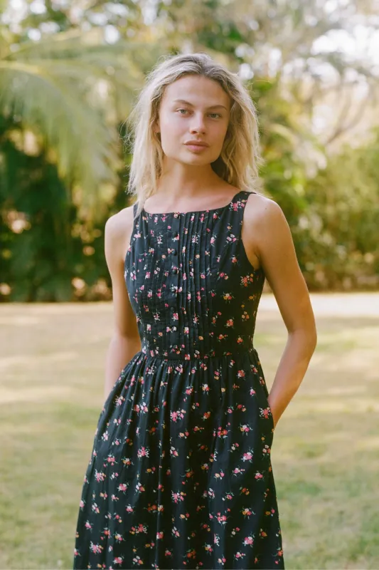 The Isola Dress | Lantana Blooms Black sold by Christy Dawn