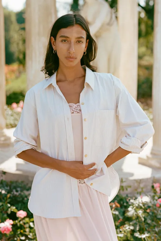 The Mirren Shirt | Alabaster Pinstripe sold by Christy Dawn
