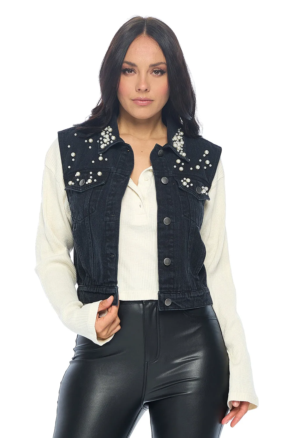Ci Sono Pearl-Embellished Denim Vest sold by Ci Sono product image thumbnail 3