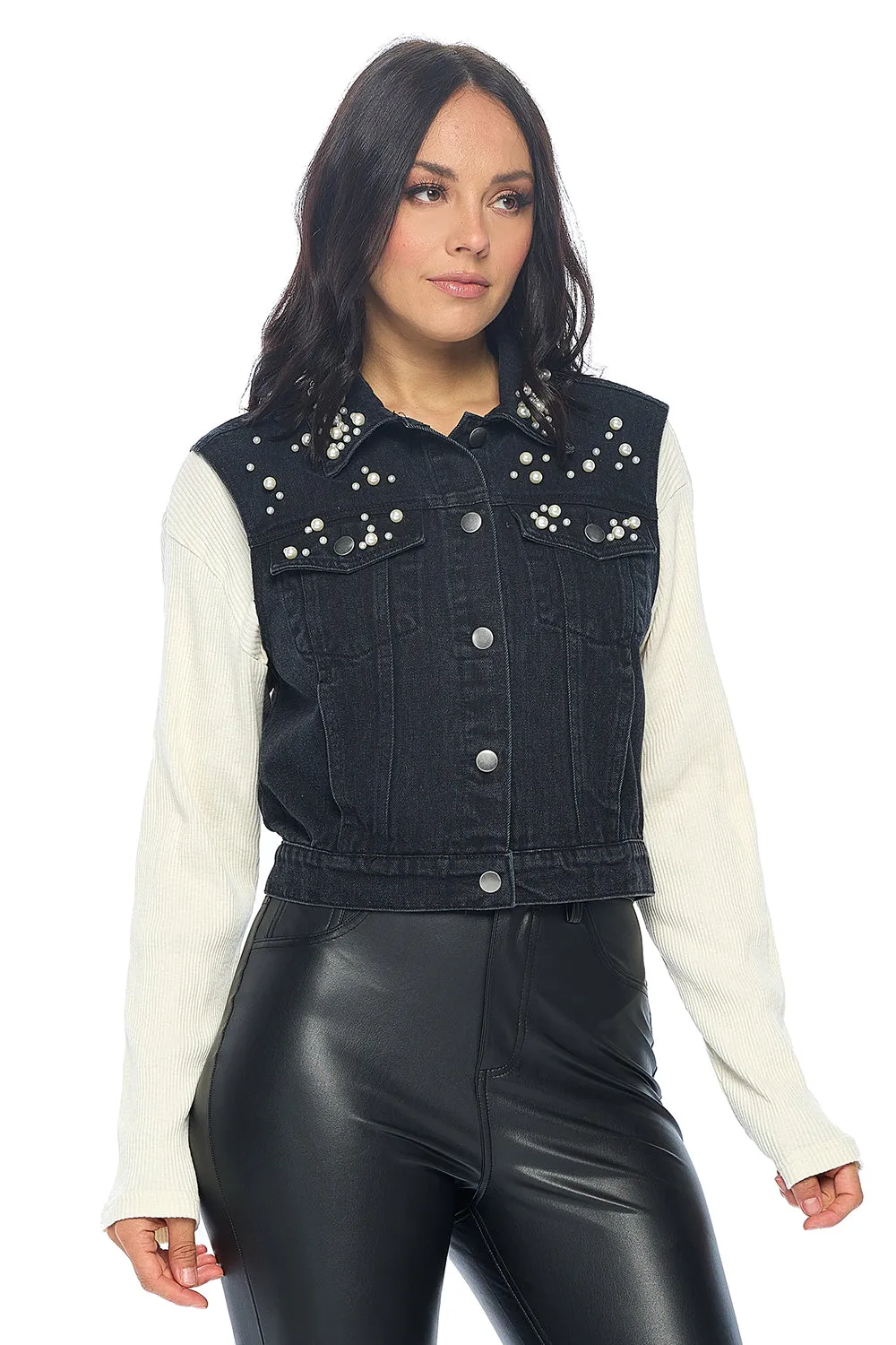Ci Sono Pearl-Embellished Denim Vest sold by Ci Sono product image thumbnail 4