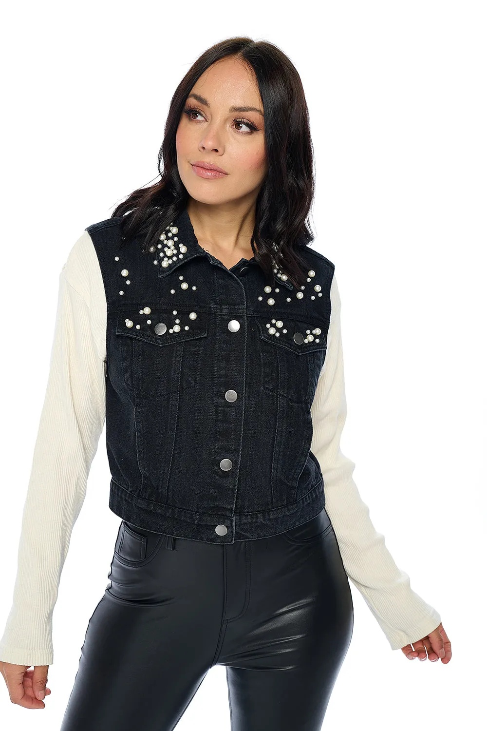 Ci Sono Pearl-Embellished Denim Vest sold by Ci Sono