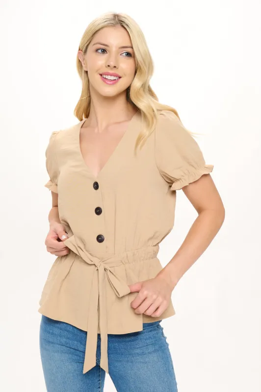 Short-Sleeved Woven Peplum Top sold by Ci Sono