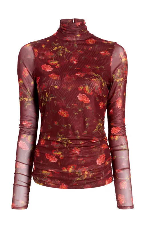 Falling Poppies Shirred Mesh Turtleneck sold by cinq a sept