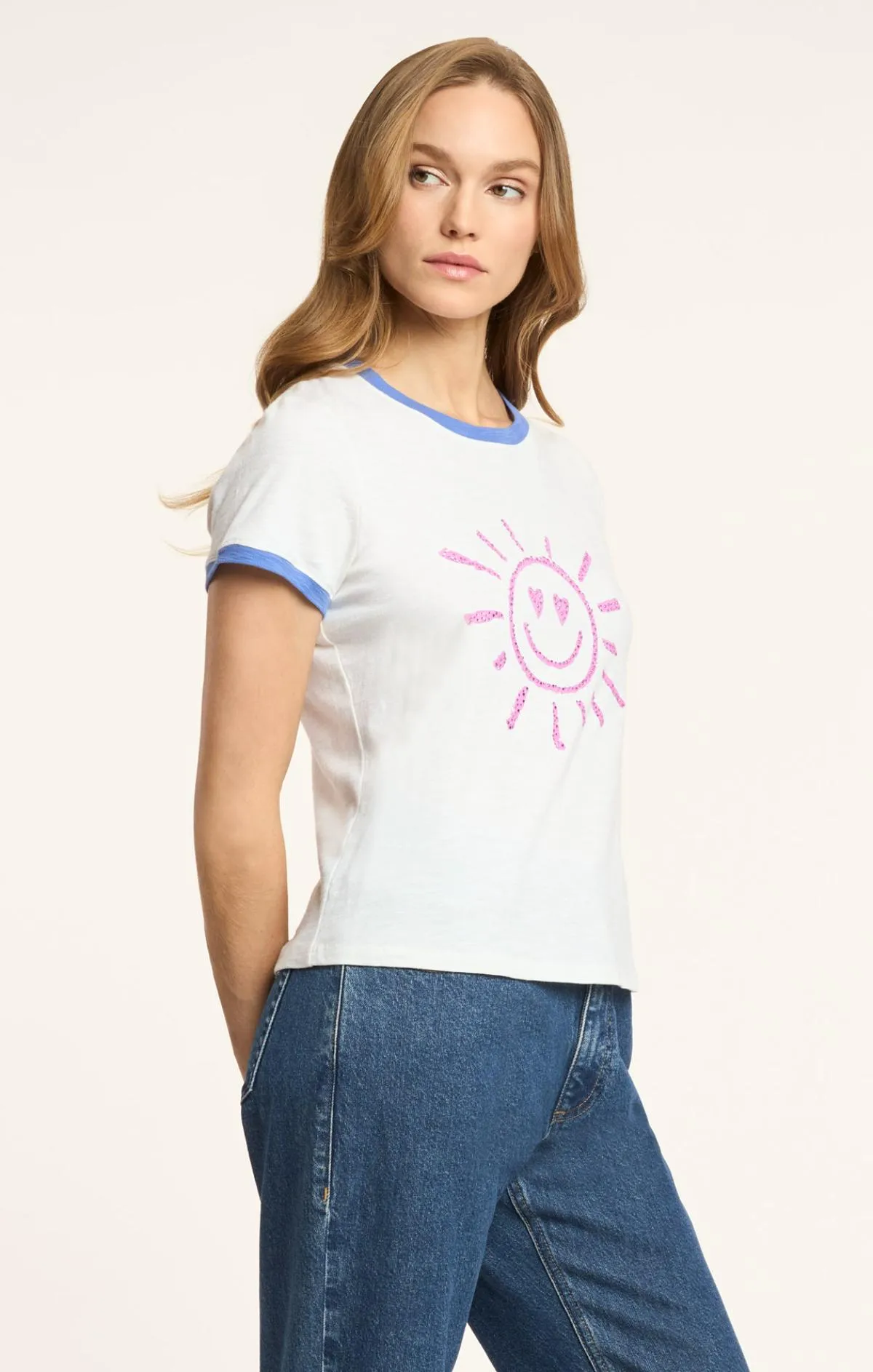 Rhinestone Smiling Sun Shrunken Ringer Tee sold by cinq a sept product image thumbnail 3