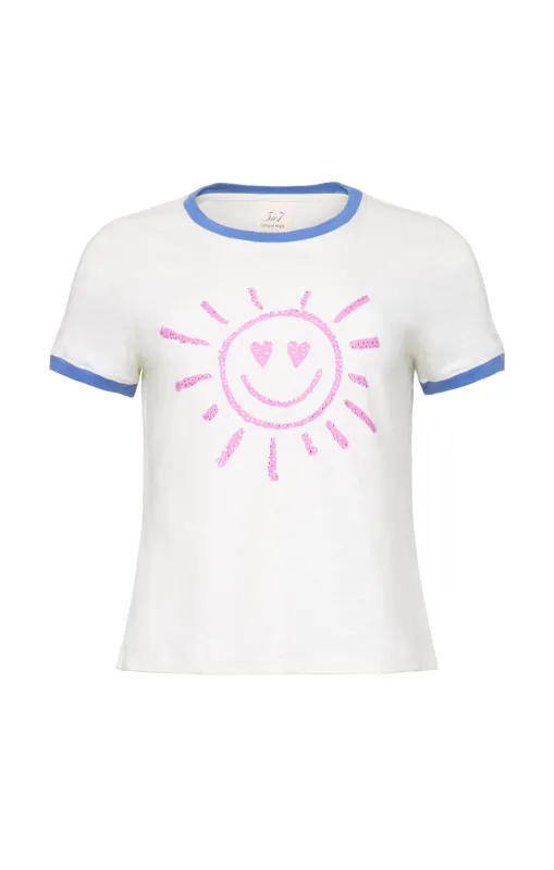 Rhinestone Smiling Sun Shrunken Ringer Tee made by cinq a sept