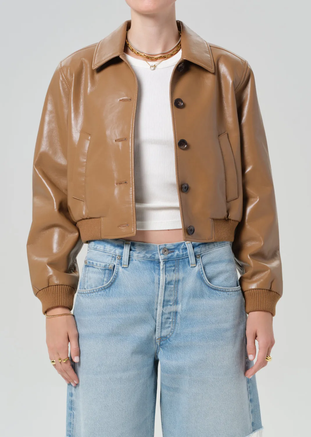 Lola Bomber Recycled Leather in Pale Toffee sold by Citizens Of Humanity