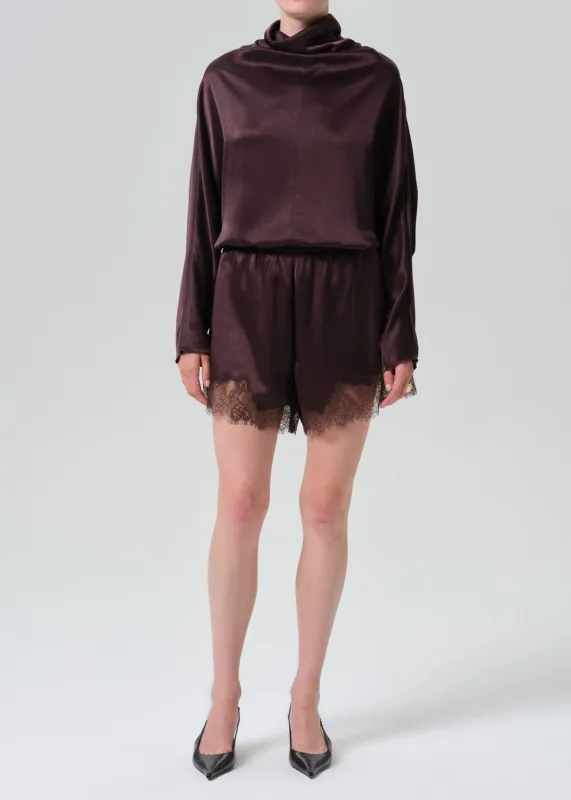 Lace Trimmed Japanese Hammered Satin Tap Short in Espresso made by Citizens Of Humanity