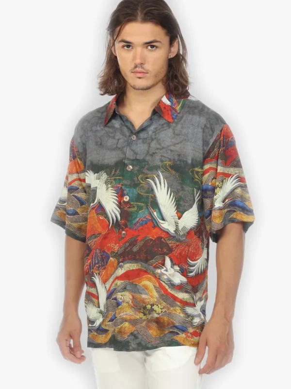 Crane Over Mountain Men’s Silk Blend Shirt sold by Citron