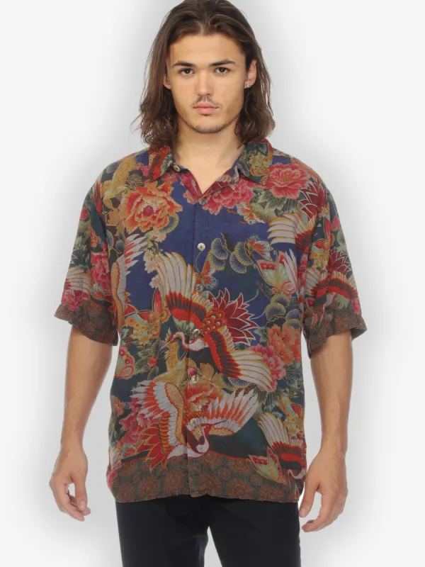 Crane and Butterfly Dyed Men’s Silk Blend Shirt sold by Citron