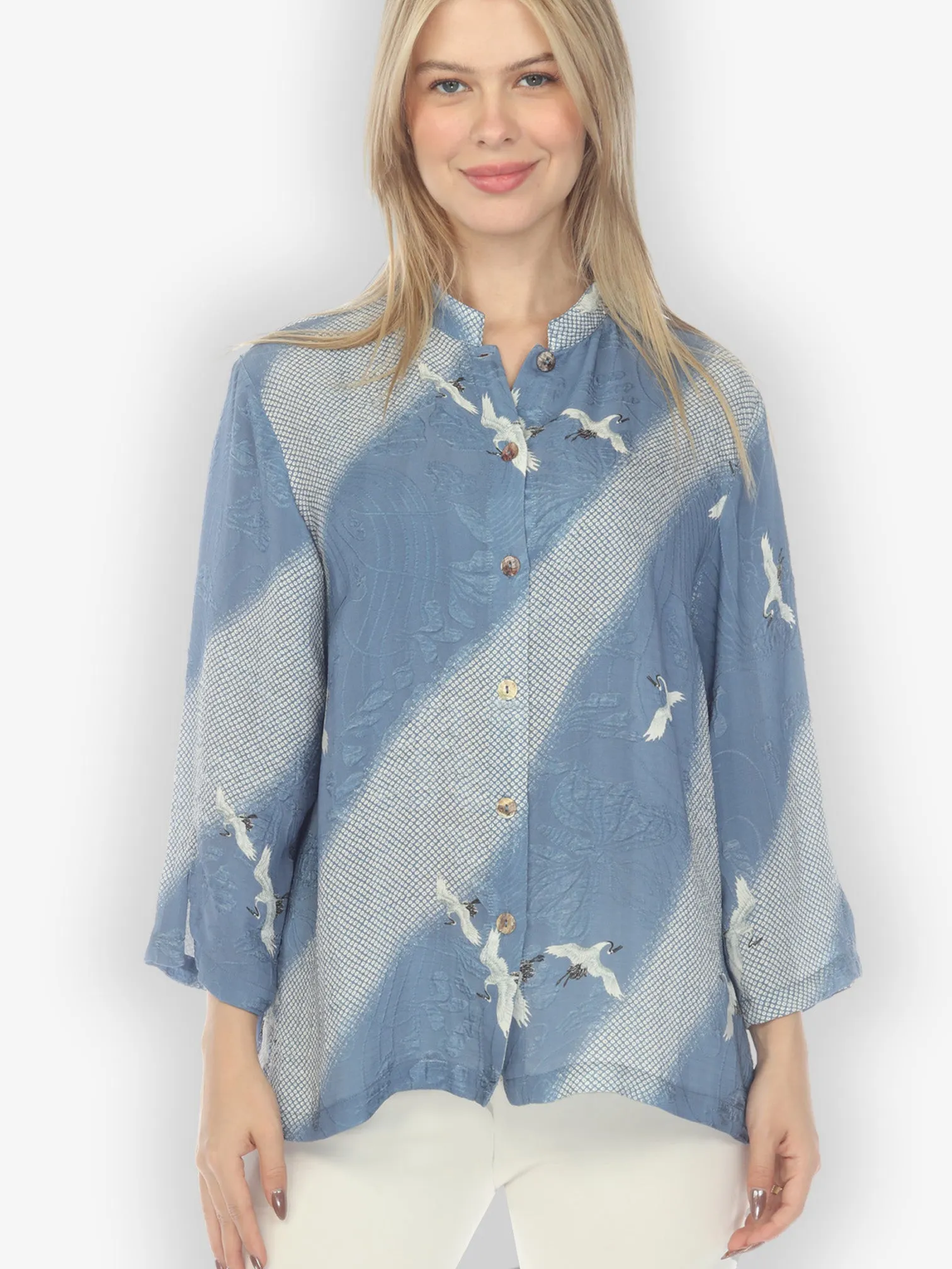 Shibori Flying Crane Silk Blouse sold by Citron