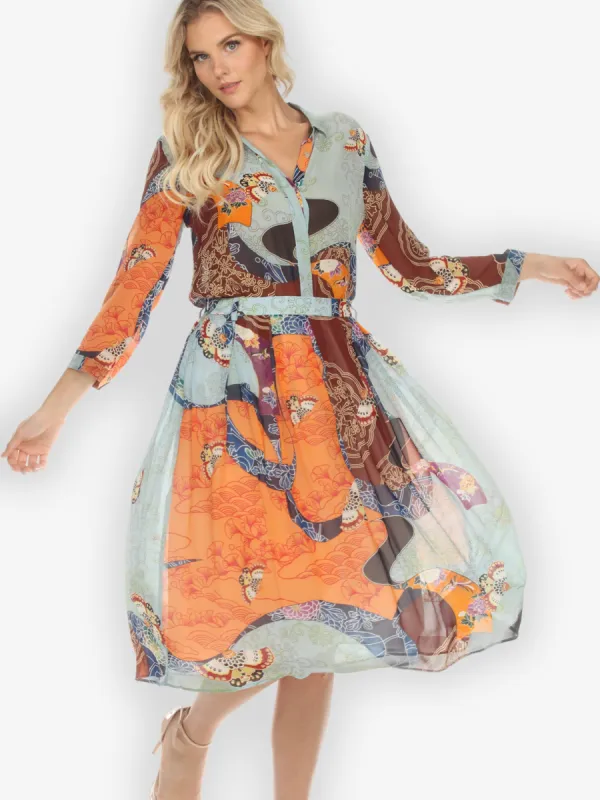 Butterfly Kimono Print Silk Pleated Skirt sold by Citron