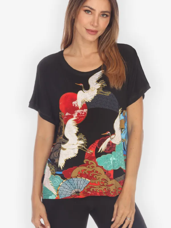 Sun Wave Crane Cap Sleeves Tee sold by Citron