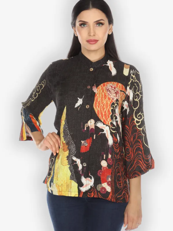 Chrysanthemum Crane Citron Style Silk Blouse sold by Citron
