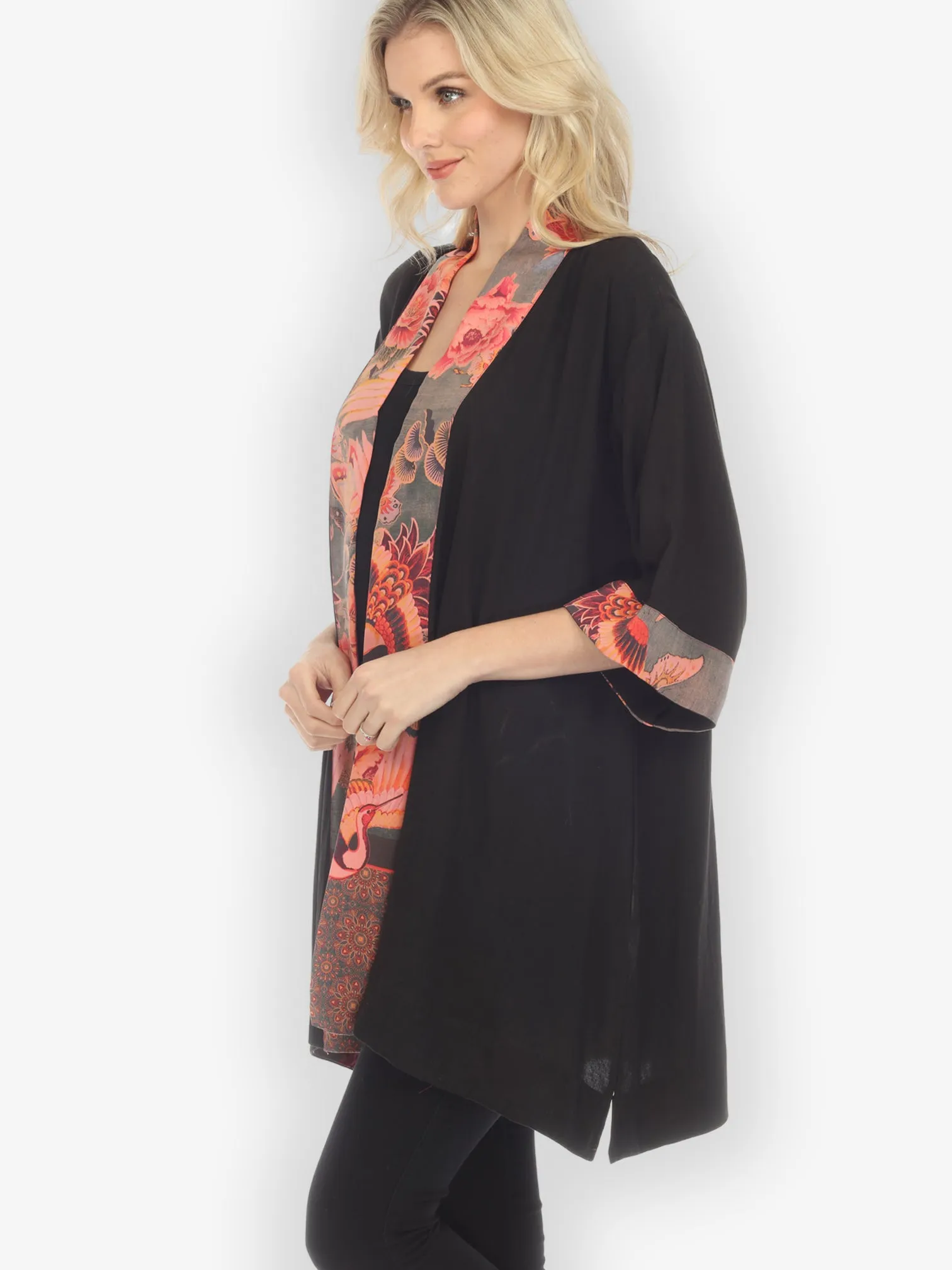 Solid Rayon Black Silk Contrast Kimono Jacket sold by Citron product image thumbnail 2