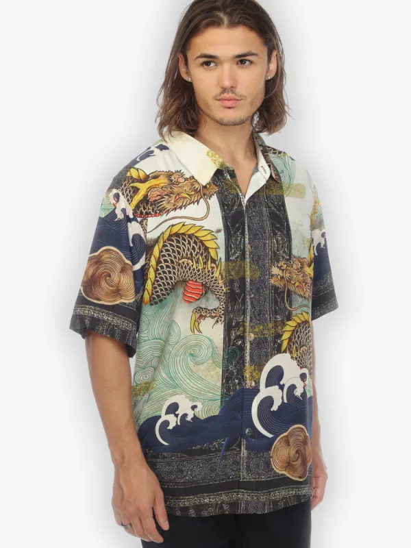 Dragon Waves Border Silk Men’s Shirt sold by Citron