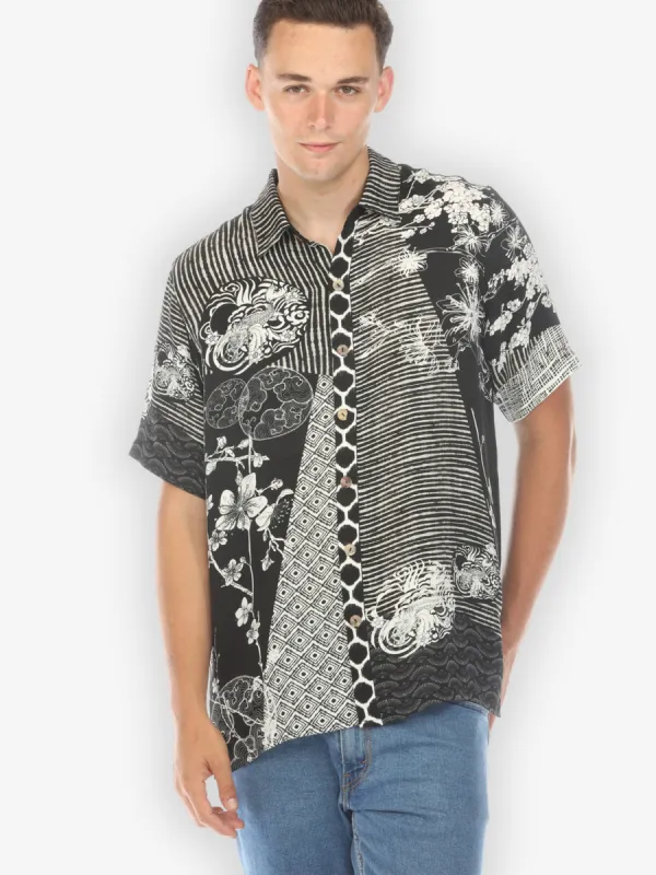 Black White Dragon Blossom Men’s Silk Shirt sold by Citron