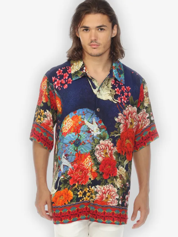 Crane Paradise Fan Blue Men’s Silk Blend Shirt sold by Citron