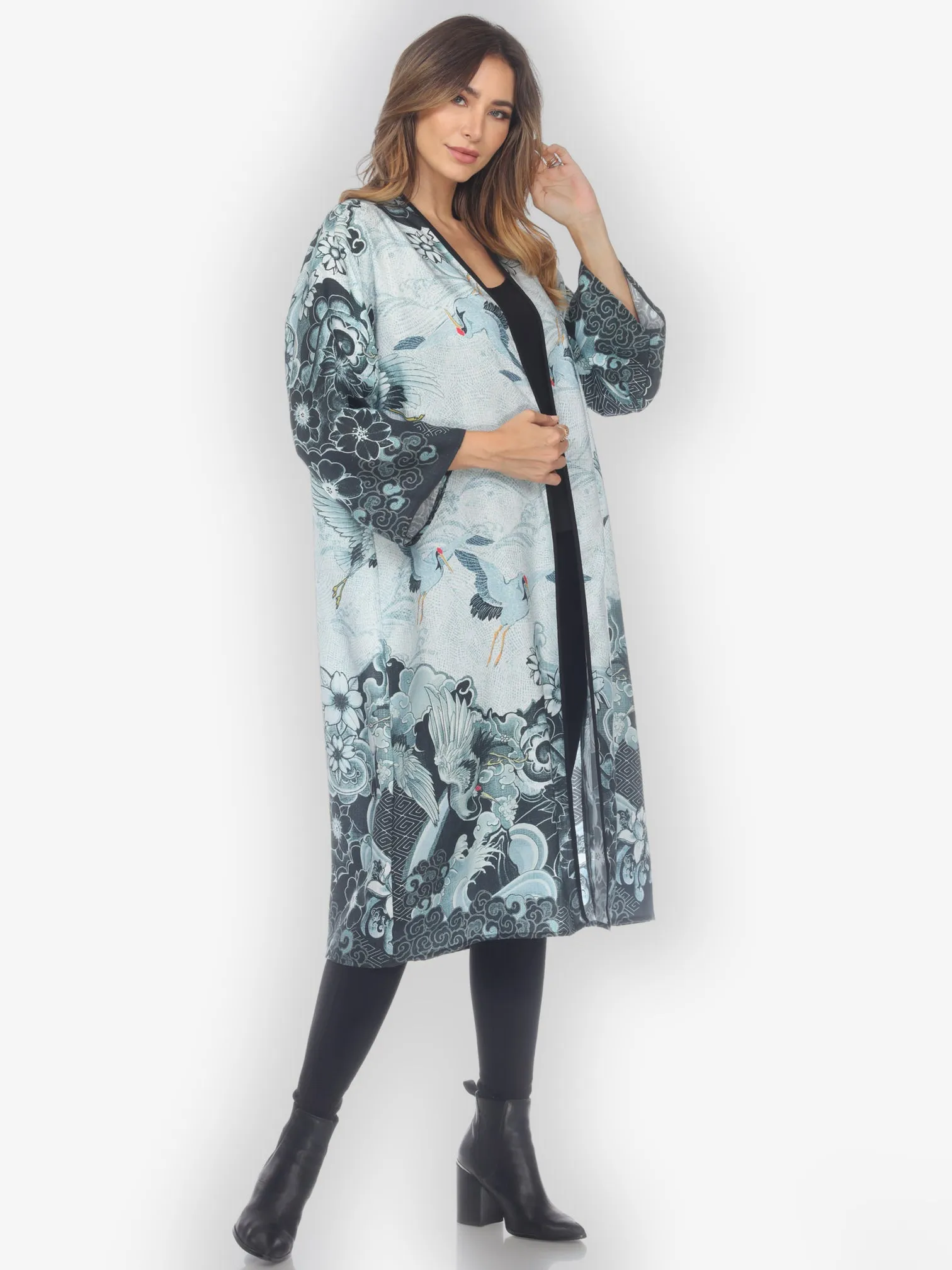 Black White Crane Wave Kimono sold by Citron product image thumbnail 3