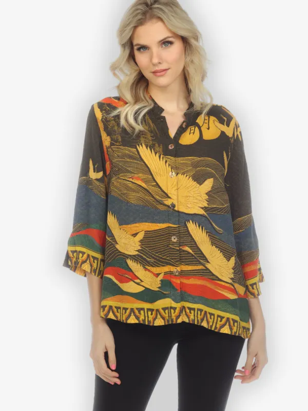 Crane Flying Moon Gold Silk Blouse sold by Citron