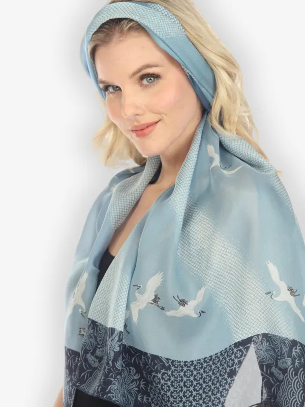 Shibori Flying Crane Silk Scarf sold by Citron