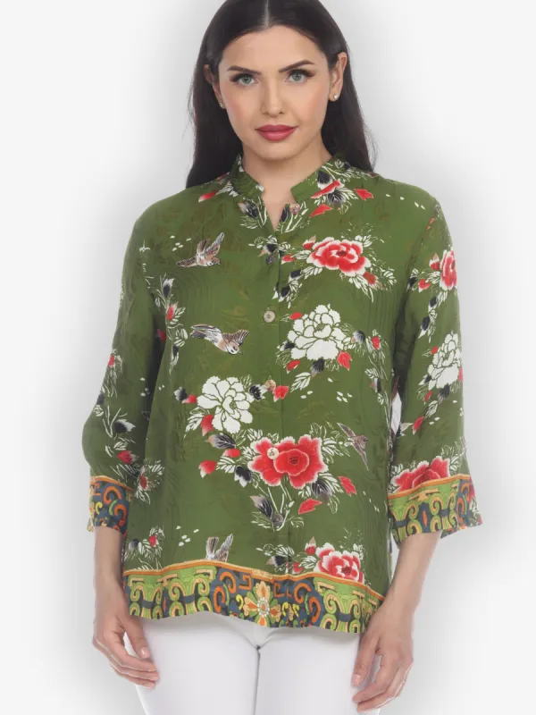 Floral With Bird Silk Blend Blouse sold by Citron