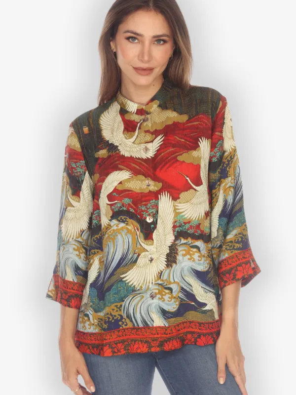 Crane Flying Fantasy Silk Blouse sold by Citron