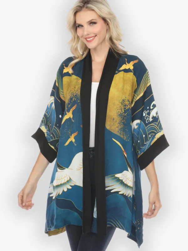 Crane Sky Gold Blue Silk Kimono Jacket sold by Citron