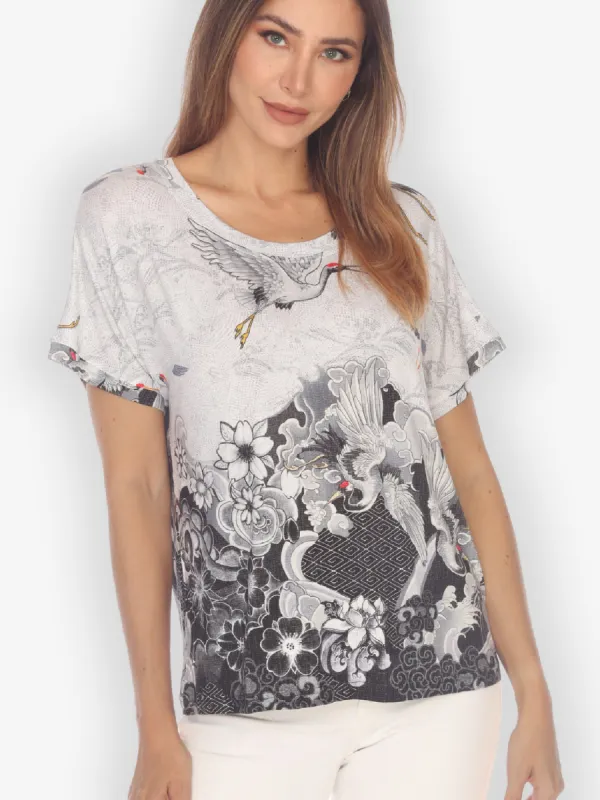 Black White Crane Wave Cap Sleeves Tee sold by Citron