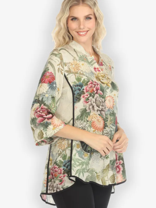 Vintage Flowers in Cream Tummy Tuck Silk Shirt sold by Citron