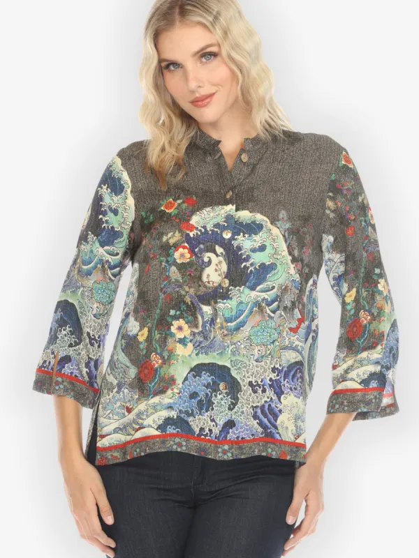 Waves Art in Dark Gray Silk Blouse sold by Citron