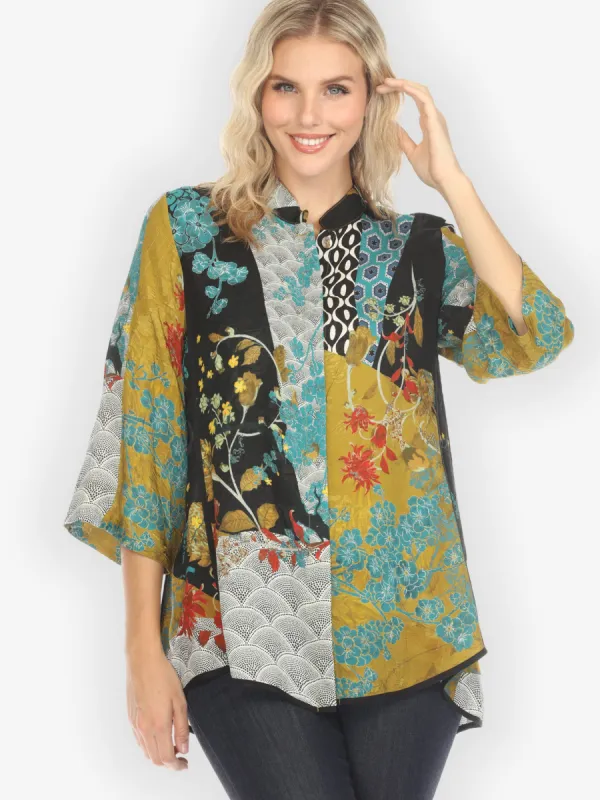 Bohemian Mixed Art in Black Tummy Tuck Shirt sold by Citron
