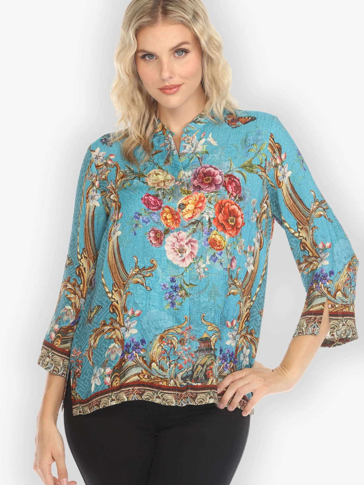 Baroque Garden in Blue Silk Blend Blouse sold by Citron