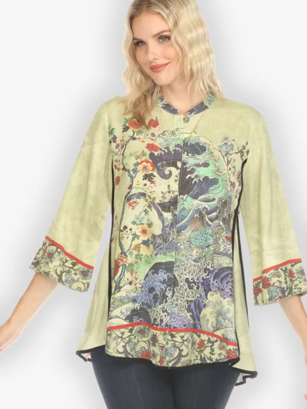 Waves Art Tencel in Cream Tummy Tuck Shirt made by Citron