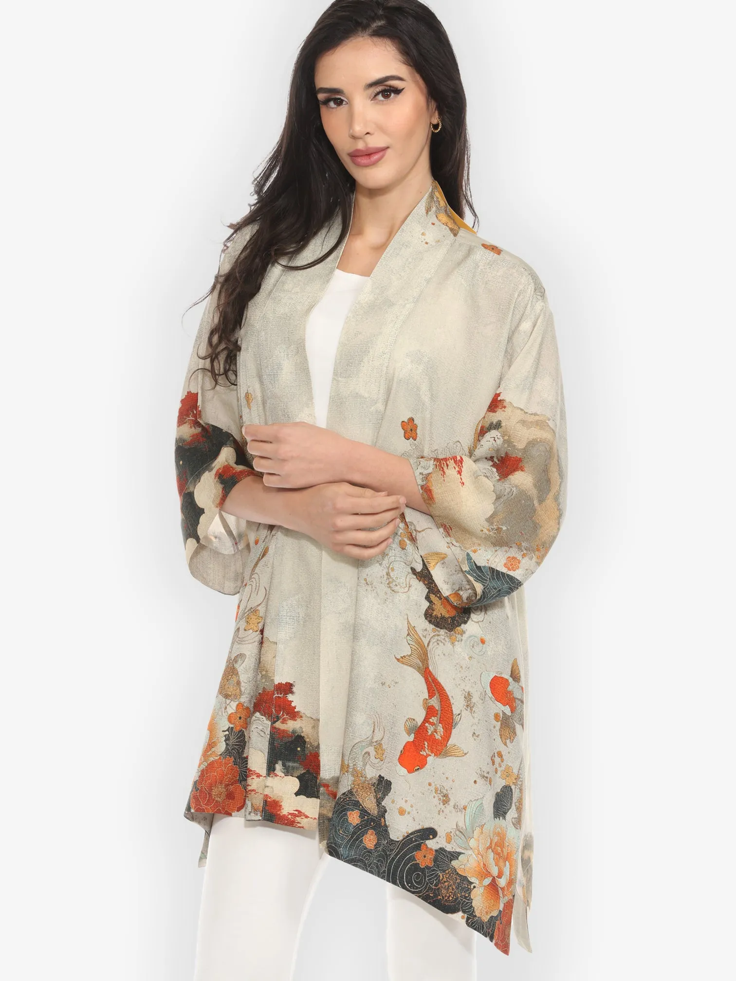 Noble Koi Fish in Cream Silk Kimono Jacket sold by Citron product image thumbnail 2