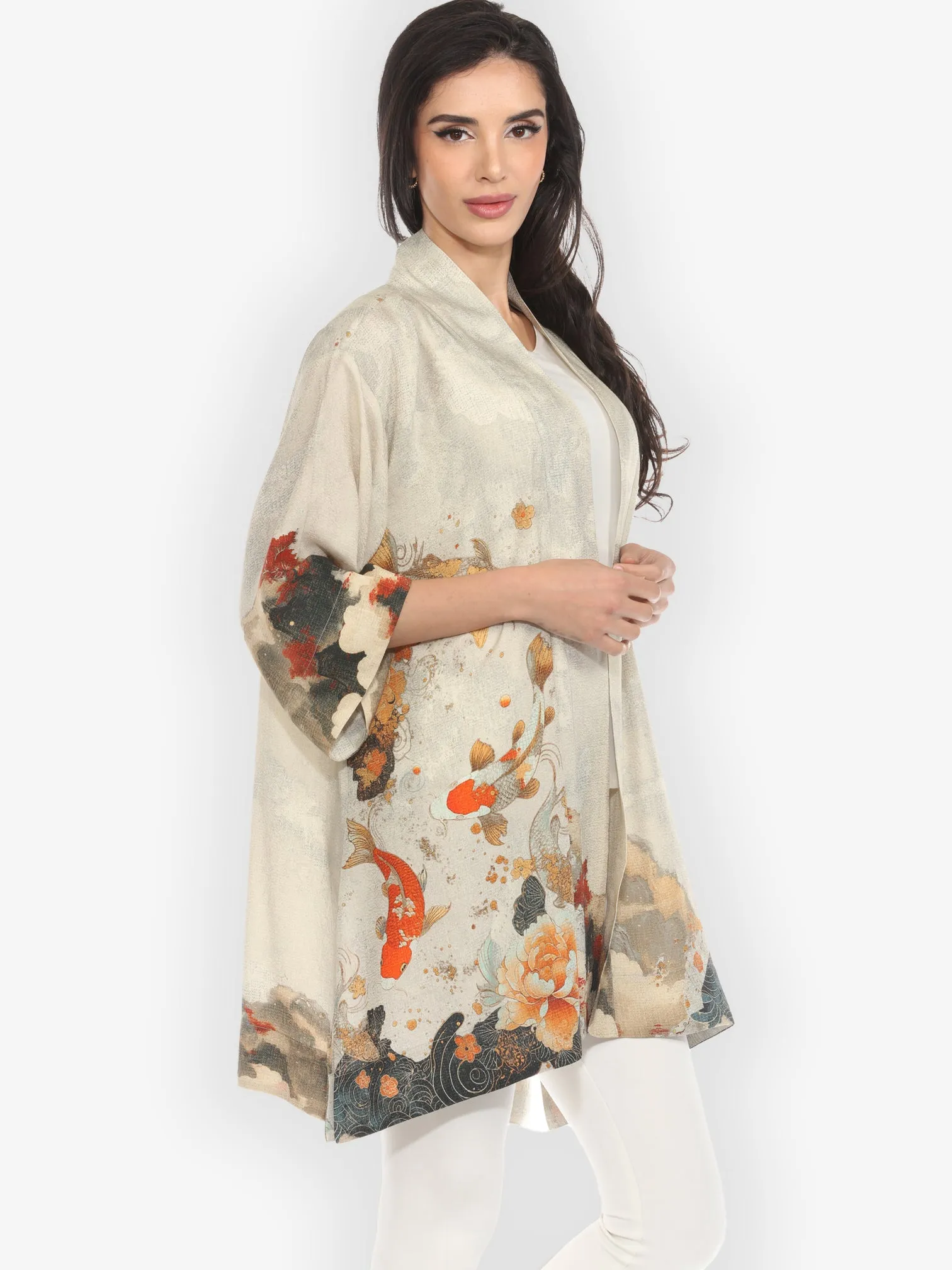 Noble Koi Fish in Cream Silk Kimono Jacket sold by Citron product image thumbnail 3