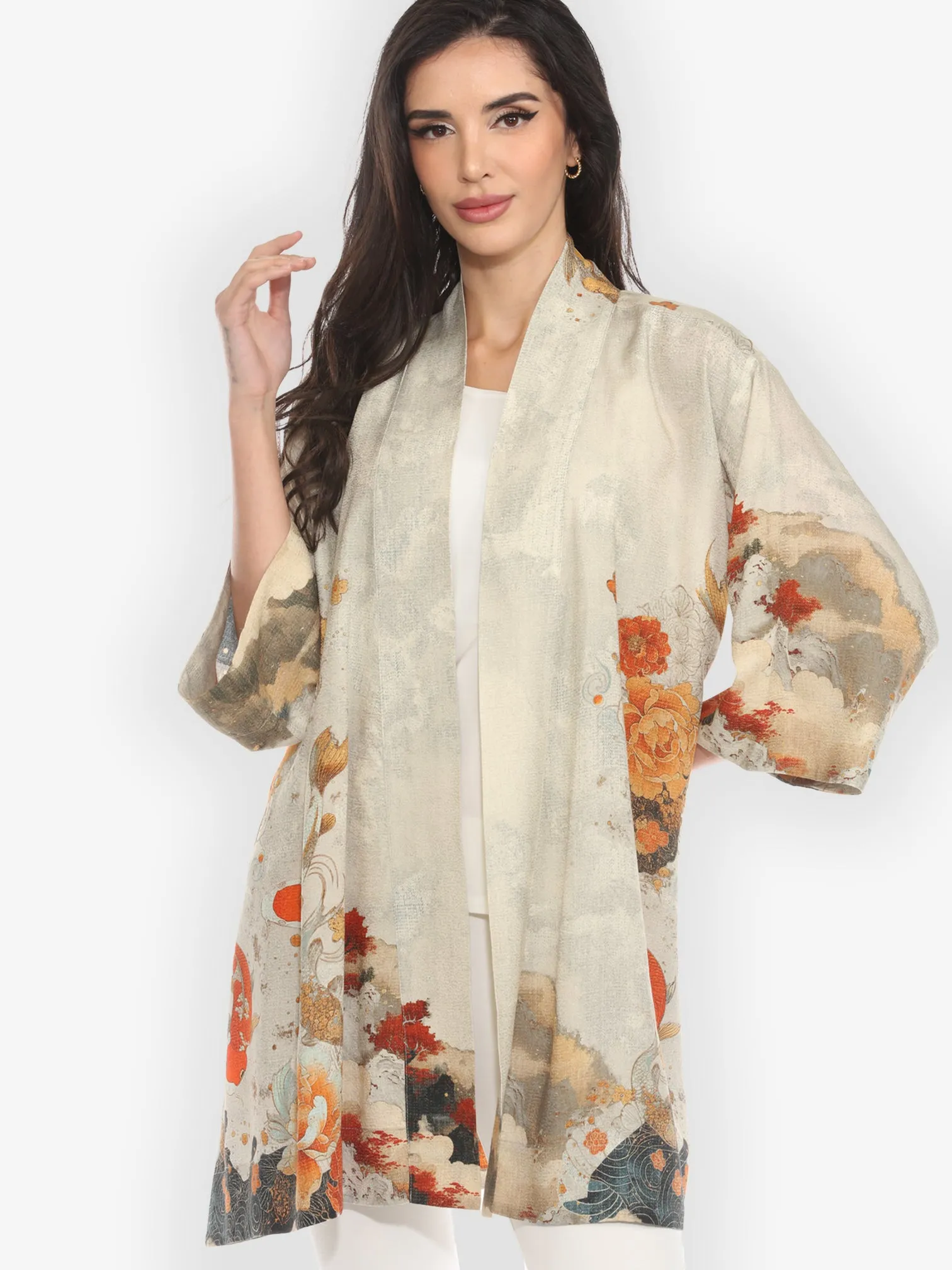 Noble Koi Fish in Cream Silk Kimono Jacket sold by Citron