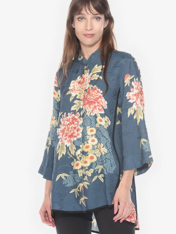 Indigo Shibori Flowers Tummy Tuck Shirt sold by Citron