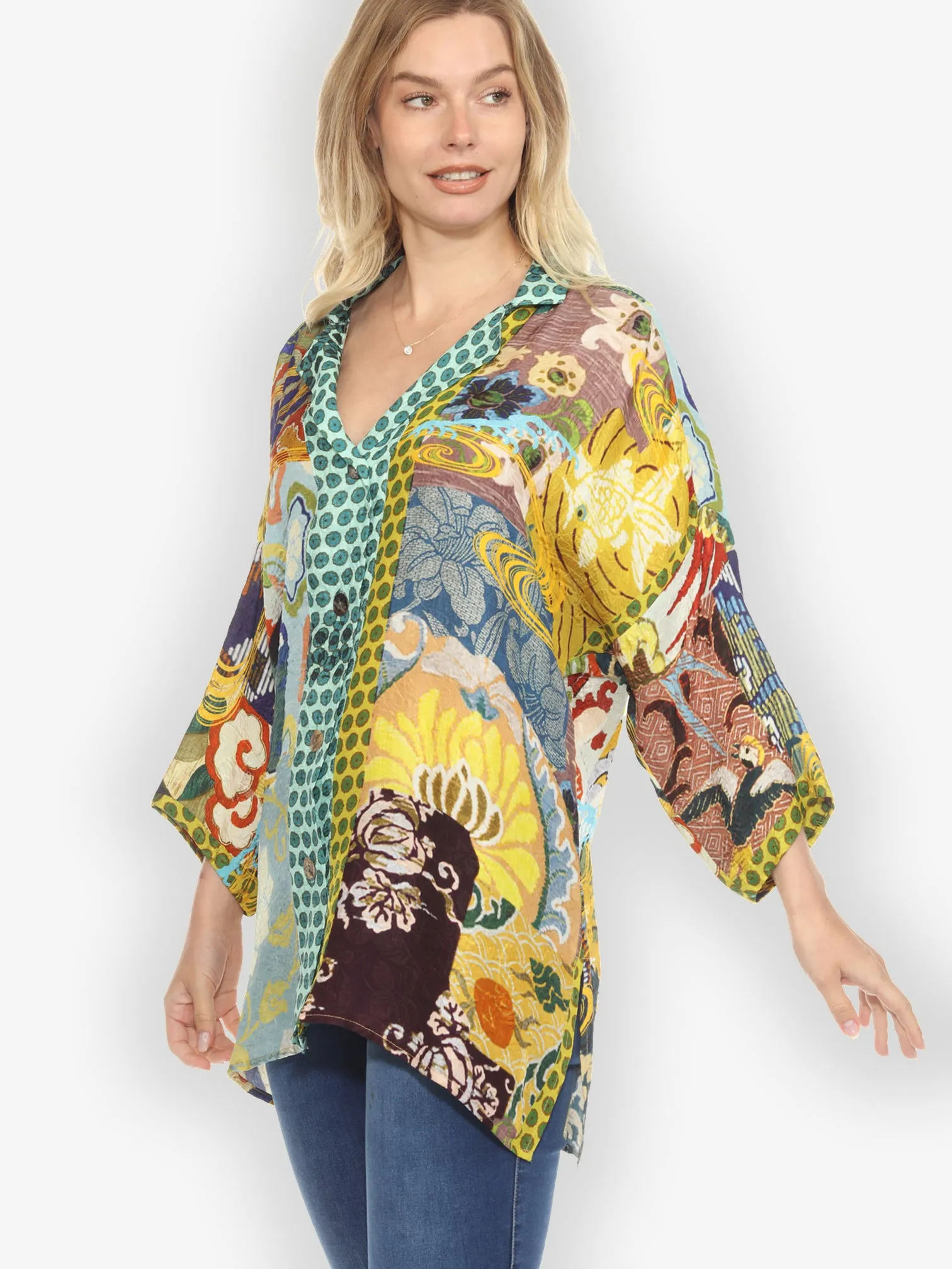 Lucy's Floral Garden Notched Collar Silk Blouse - 3X sold by Citron