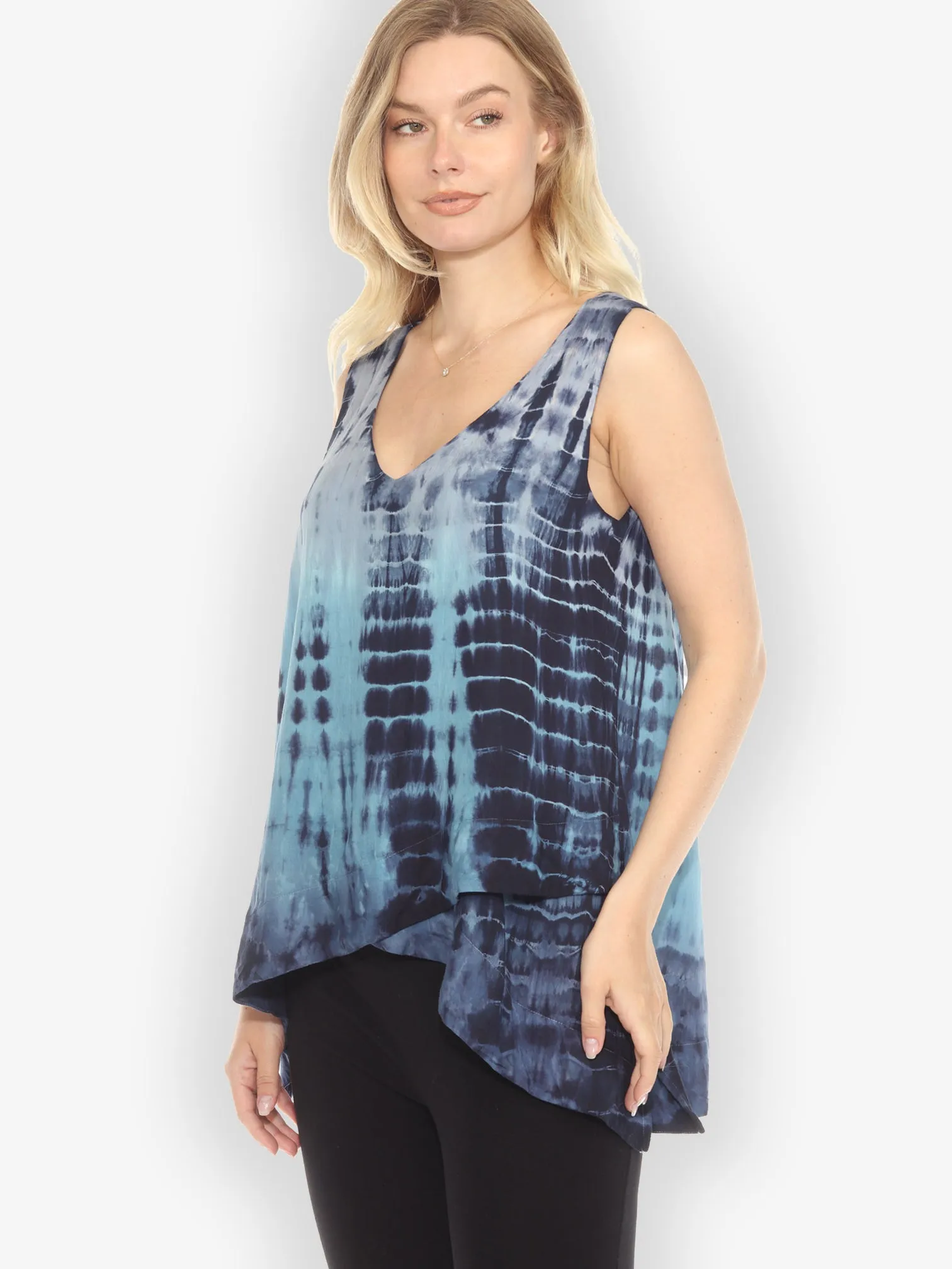 Asymmetric V-neck Blue Tie Dye Tank Top - M sold by Citron