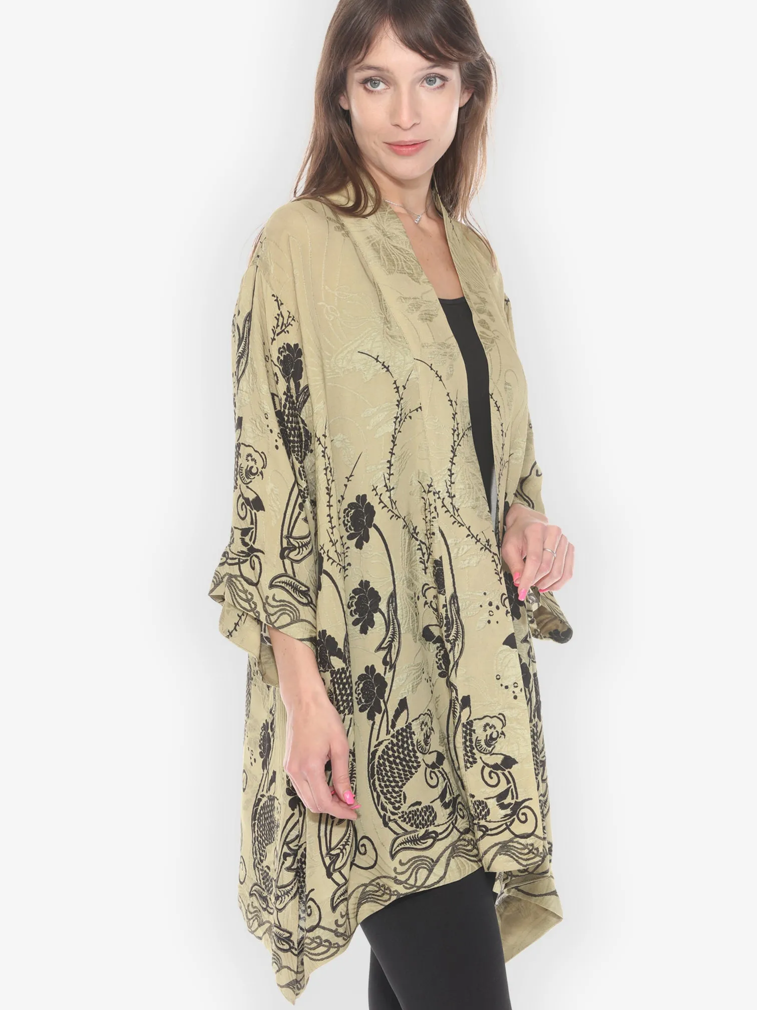 Graceful Fish Flowers in Khaki Kimono Jacket sold by Citron product image thumbnail 2
