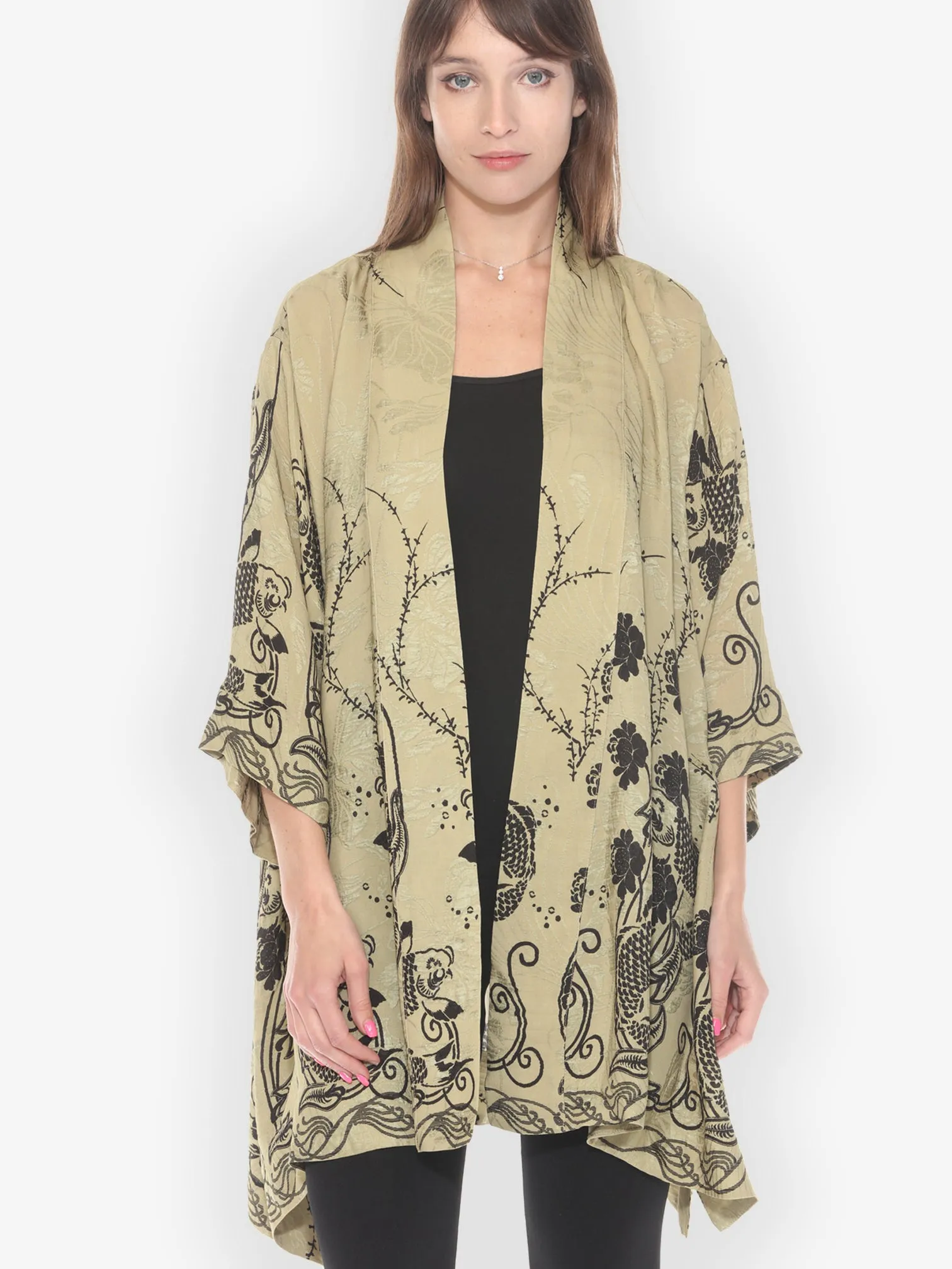Graceful Fish Flowers in Khaki Kimono Jacket sold by Citron