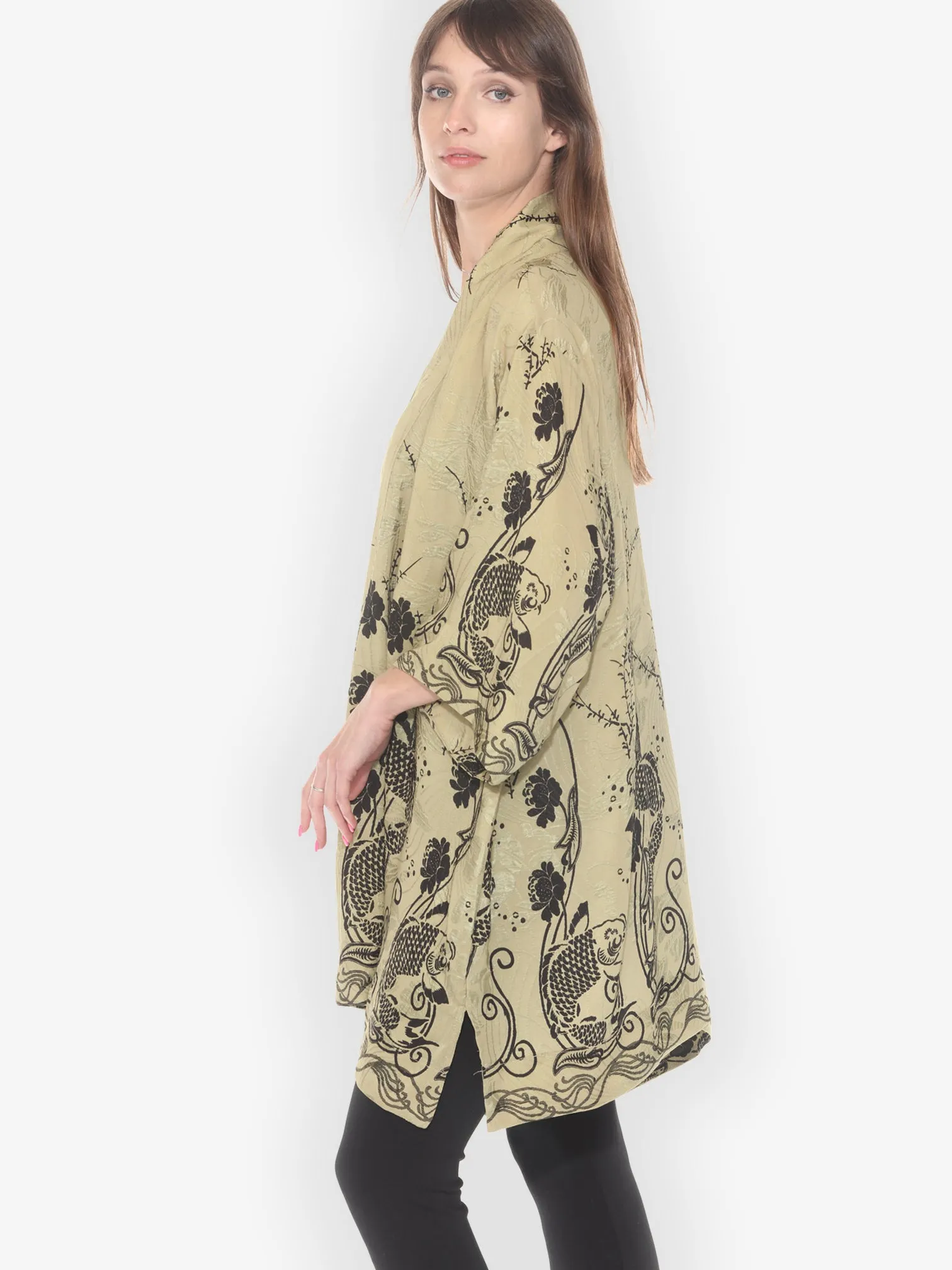 Graceful Fish Flowers in Khaki Kimono Jacket sold by Citron product image thumbnail 3